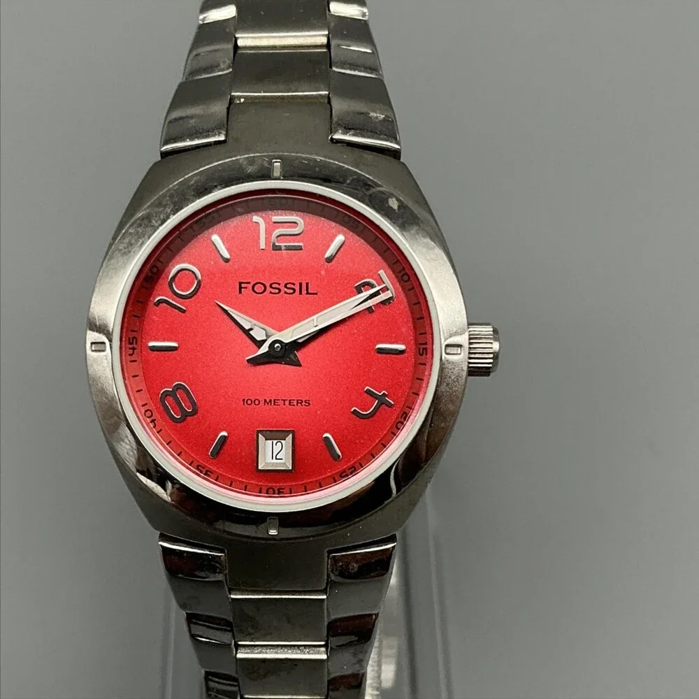 Fossil Blue Womens Watch 28mm Red Dial Stainless Date AM-4100 New Battery 6.75